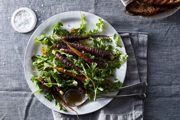 Grilled young carrots with pickled mustard seed dressing and arugula