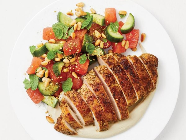 Grilled za’atar chicken with cucumber-watermelon salad