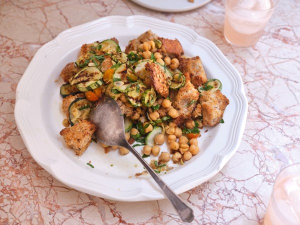 Grilled zucchini & bread salad