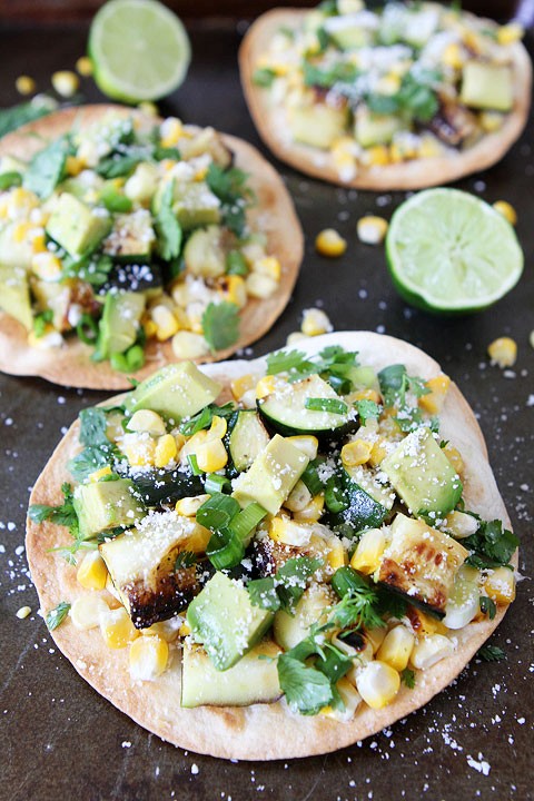 Grilled zucchini and corn tostadas