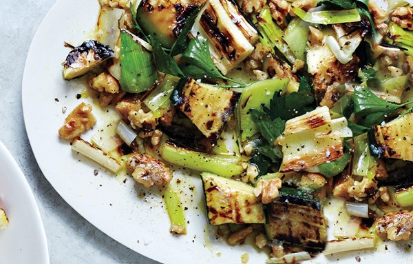 Grilled zucchini and leeks with walnuts and herbs