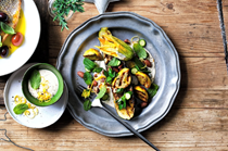 Grilled zucchini and squash salad with tahini lemon dressing