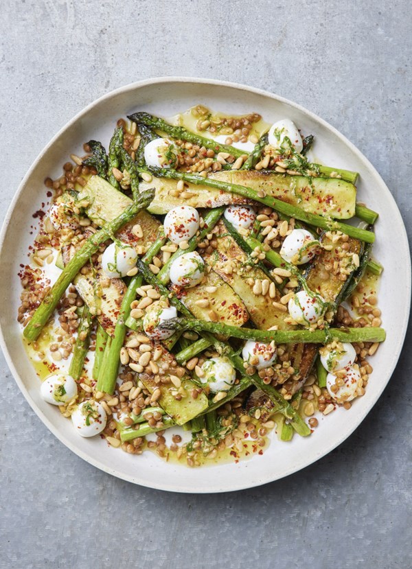 Grilled zucchini, asparagus and baby mozzarella with mint and pine nut dressing