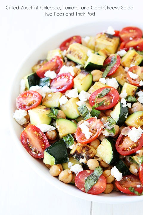 Grilled zucchini, chickpea, tomato, and goat cheese salad