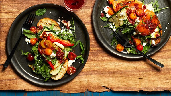 Grilled zucchini-feta bruschetta with double-tomato dressing