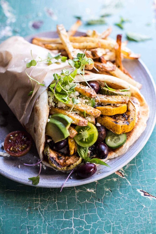 Grilled zucchini gyros with sun-dried tomato tzatziki