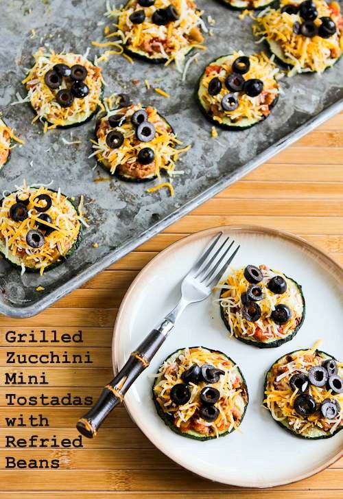 Grilled zucchini mini tostadas with refried beans
