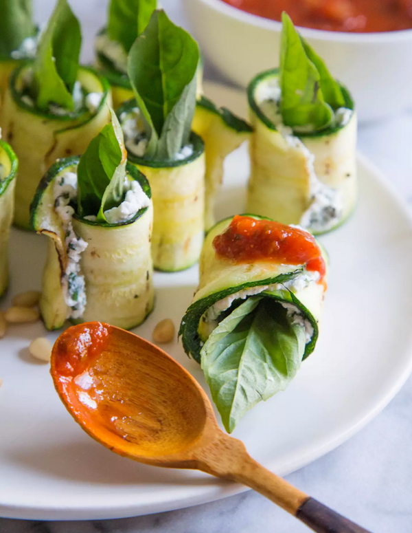 Grilled zucchini roll-ups with ricotta and herbs