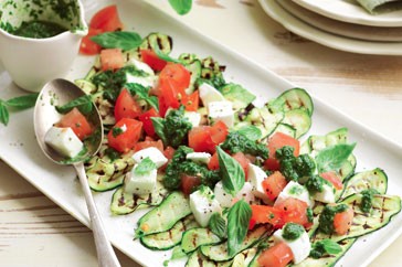 Grilled zucchini with Caprese salad and rocket salsa