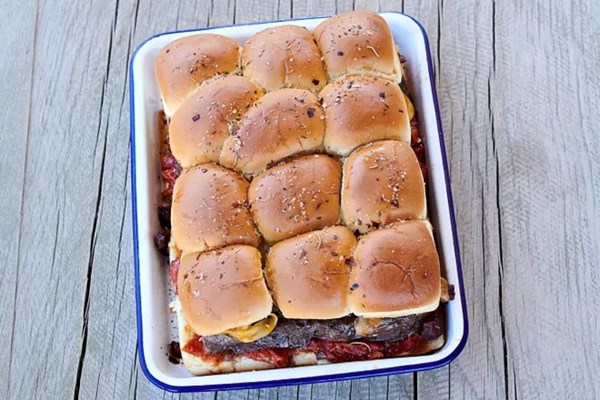 Ground beef slider tray bake
