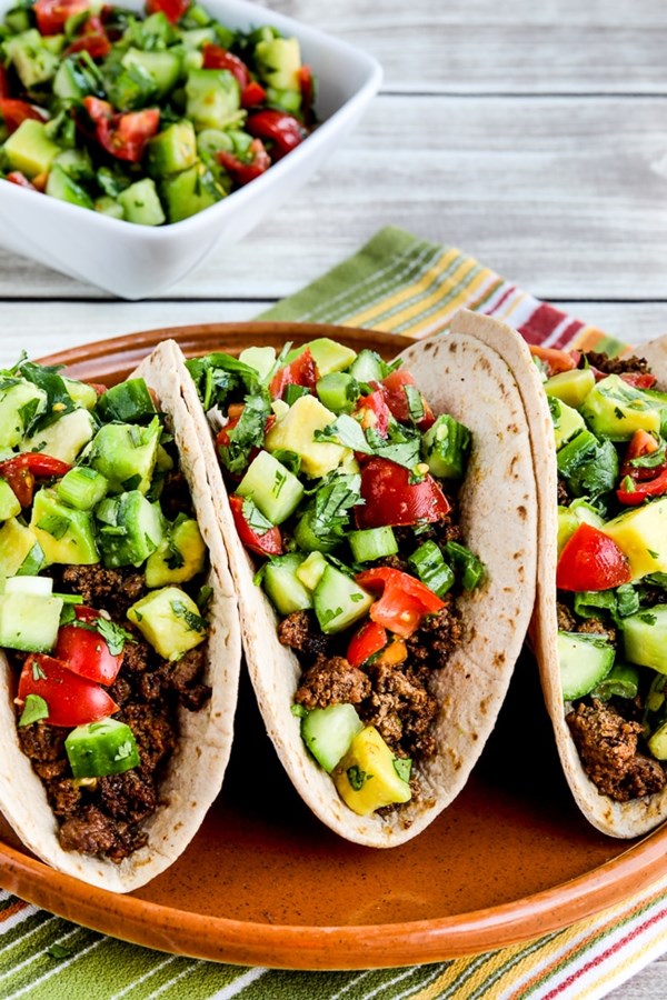 Ground beef tacos with tomato-avocado salsa