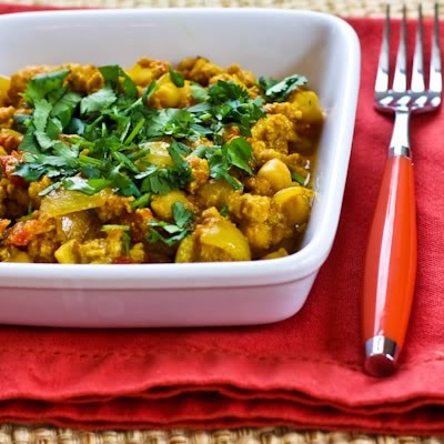 Ground chicken (or turkey) and chickpea curry stew with yogurt and cilantro