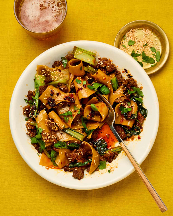 Ground cumin lamb lasagne 'noodles'