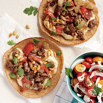 Ground lamb and hummus pita "pizzas"