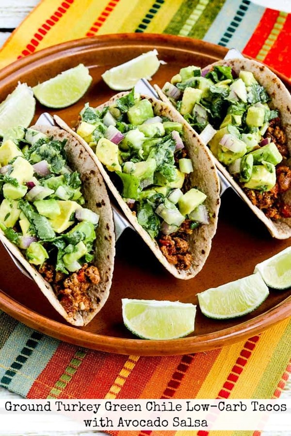 Ground turkey green chile low-carb tacos with avocado salsa