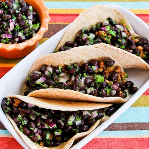 Ground turkey green chile soft tacos with black bean cilantro salsa