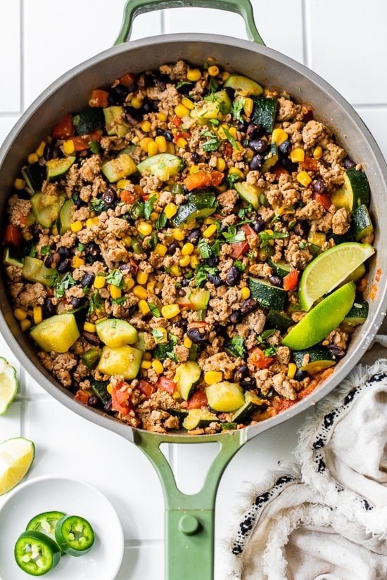 Ground turkey skillet with zucchini, corn, black beans and tomato