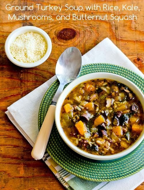 Ground turkey soup with rice, kale, mushrooms, and butternut squash