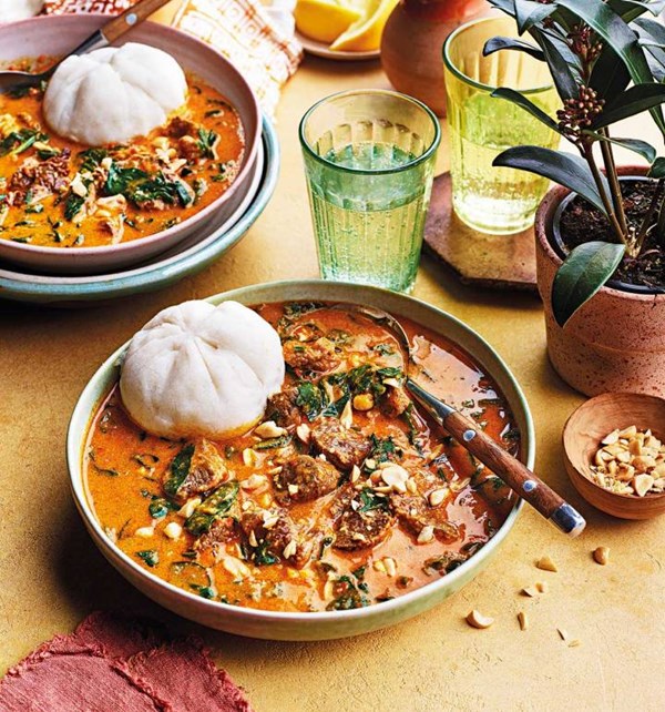 Groundnut beef stew with ground rice balls (Miyan geda and tuwo skinkafa)