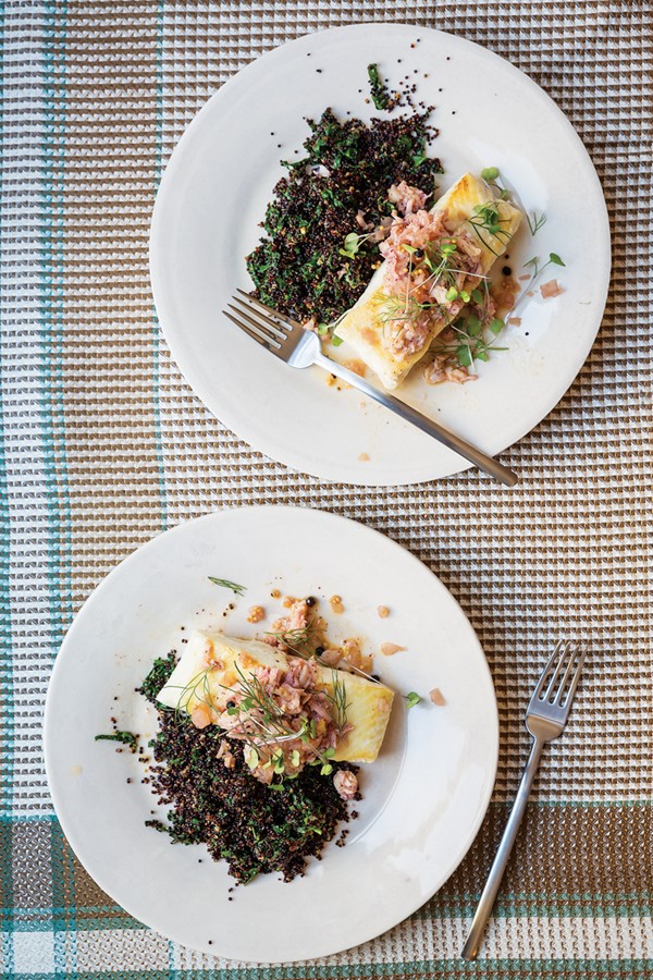 Grouper in crab sauce with black quinoa and pickled fennel