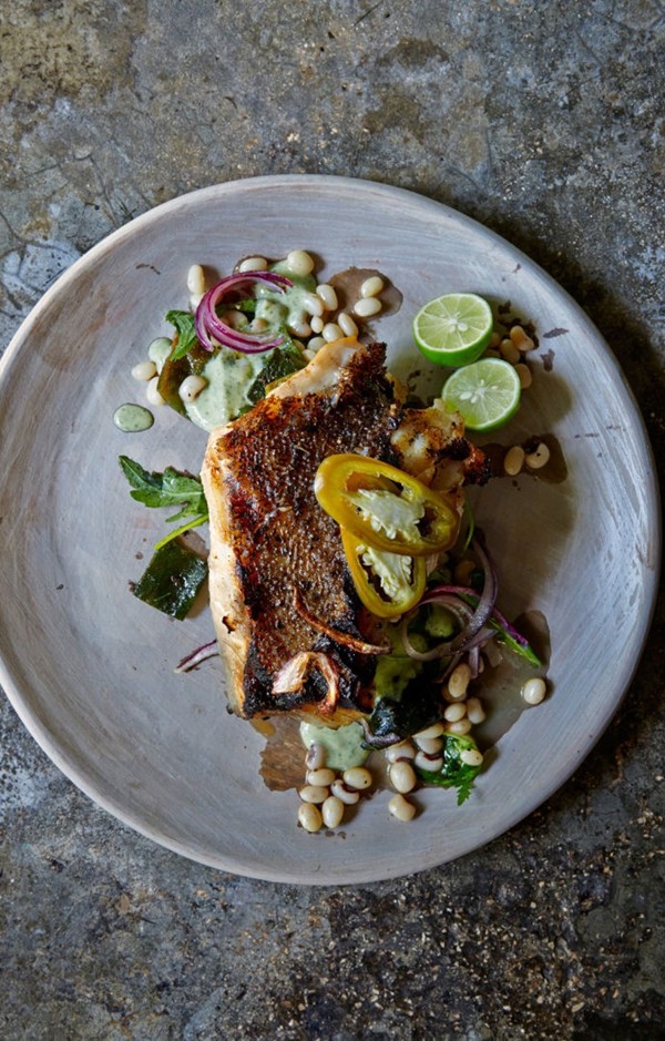 Grouper with white bean salad and cilantro crema
