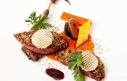 Grouse with glazed figs, heritage carrots and chocolate porter sauce