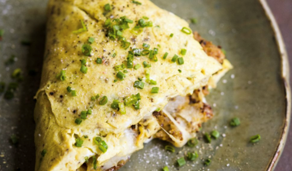 Gruyère and chive omelet with mustard croutons