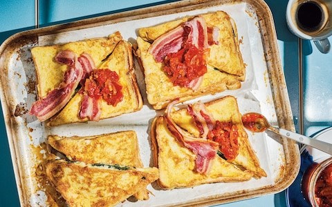 Gruyère and spinach French toast with bacon and tomato relish