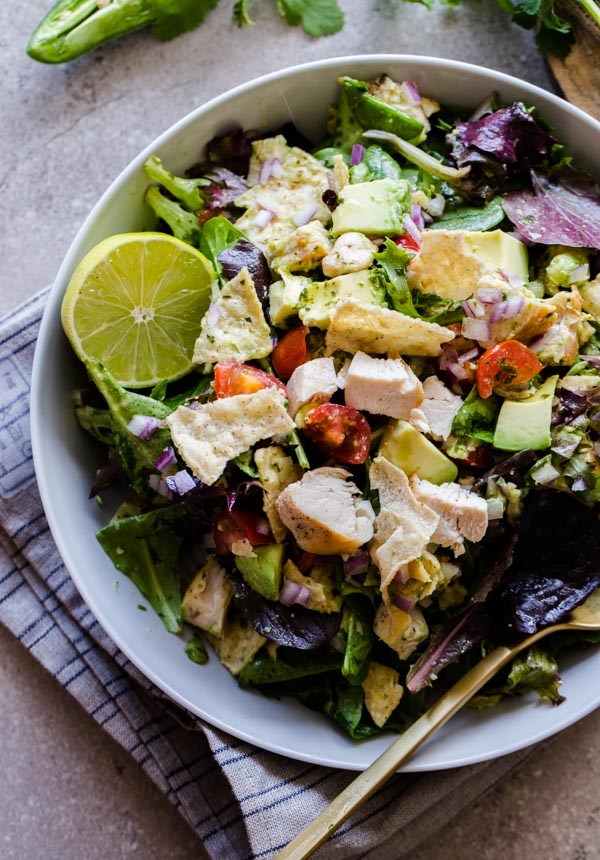 Guacamole greens salad with cilantro lime jalapeño vinaigrette