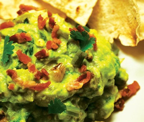 Guacamole with bacon, grilled ramps and roasted tomatillos