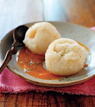 Guanabana sorbet with mango lime coulis