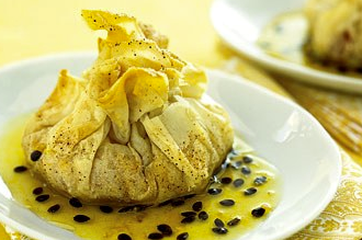 Guava and Manchego phyllo pouches with passion fruit syrup