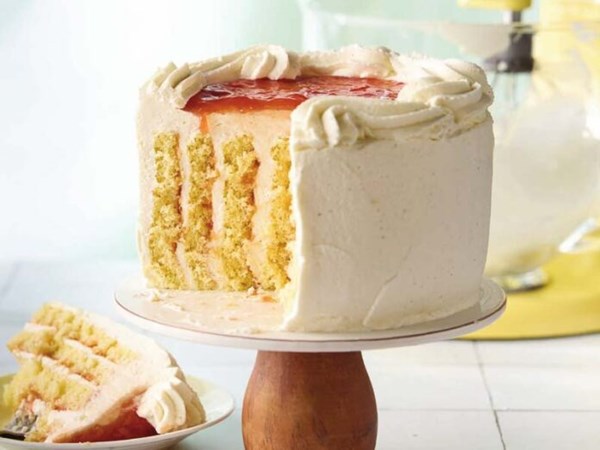 Guava chiffon cake [vanilla simple syrup; whipped cream cheese filling]