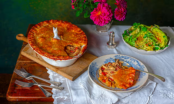 Guinea fowl, bacon and porcini pie