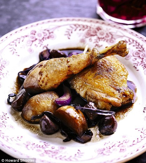 Guinea fowl or pheasant with chestnuts, red cabbage and baby turnips