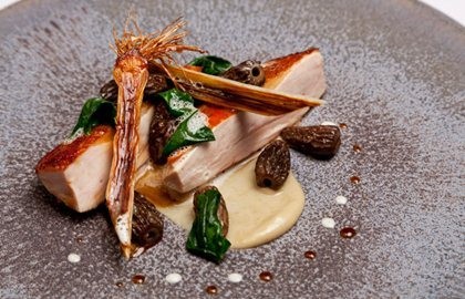 Guinea fowl with liquorice braised leeks, morels and rosemary