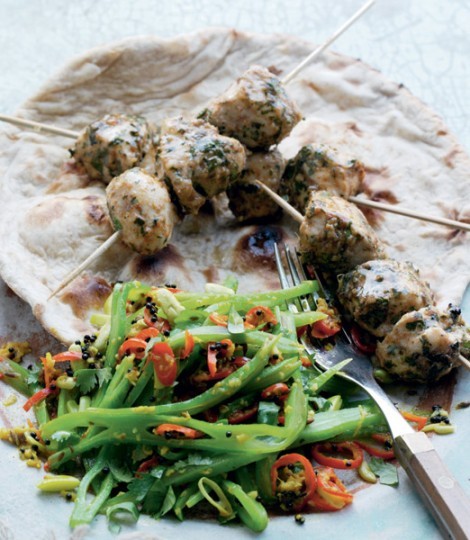 Gujarati-style runner beans with spiced chicken skewers