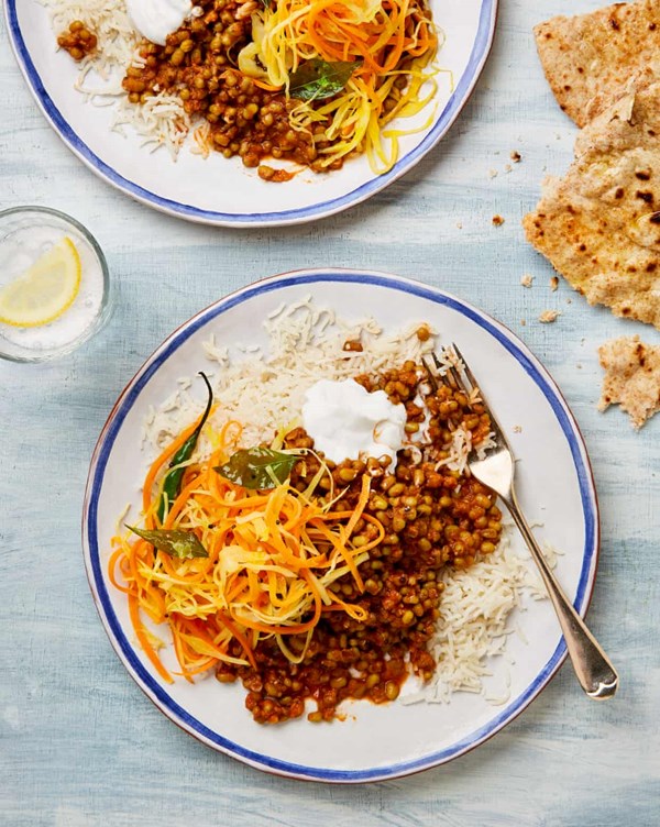 Gujarati whole mung dal with sambharo