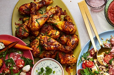 Gunpowder chicken drummers with mint yogurt