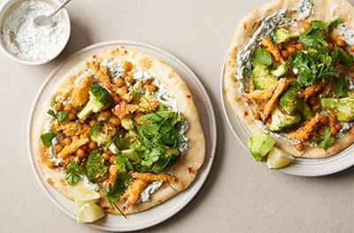 Gunpowder-spiced vegetable 'gougons' with crispy chickpeas & lime