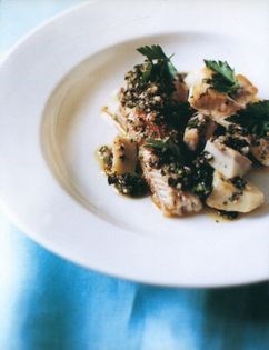 Gurnard with olives and artichokes