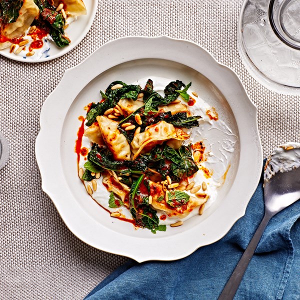 Gyoza and greens with chile butter