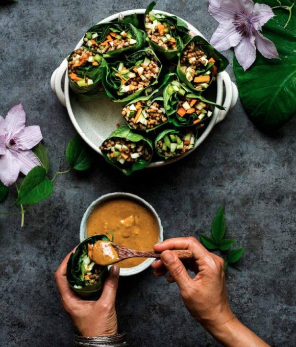 Haakh leaf lentil wraps with Sriracha tahini sauce