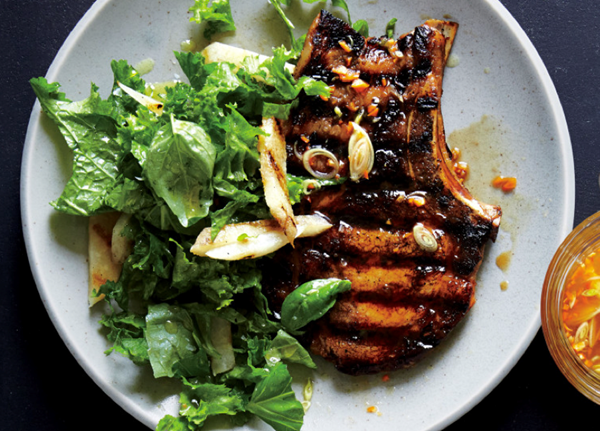 Habanero-marinated pork chops with mustard greens slaw