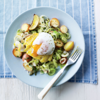 Haddock and potato bake with poached eggs