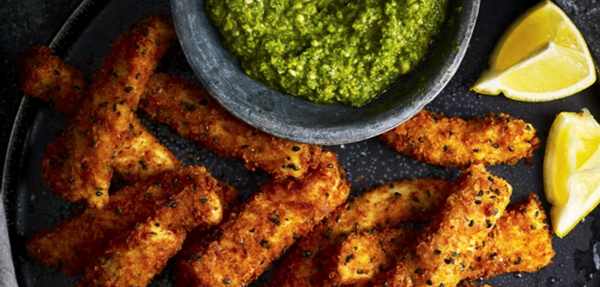 Haddock goujons with Parmesan crust and pea pesto