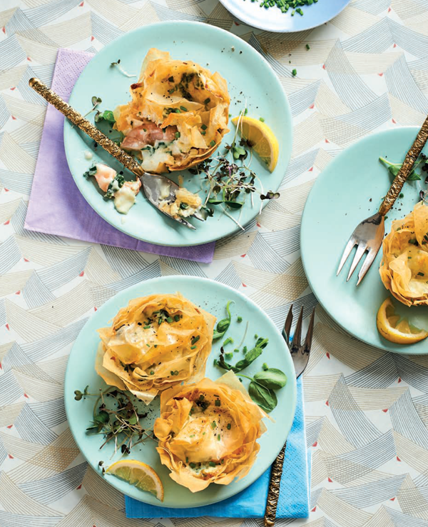 Haddock, prawn & spinach filo tarts 