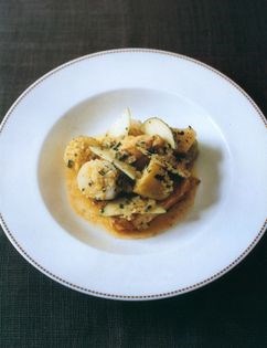 Haddock with warm leek, potato and apple salad