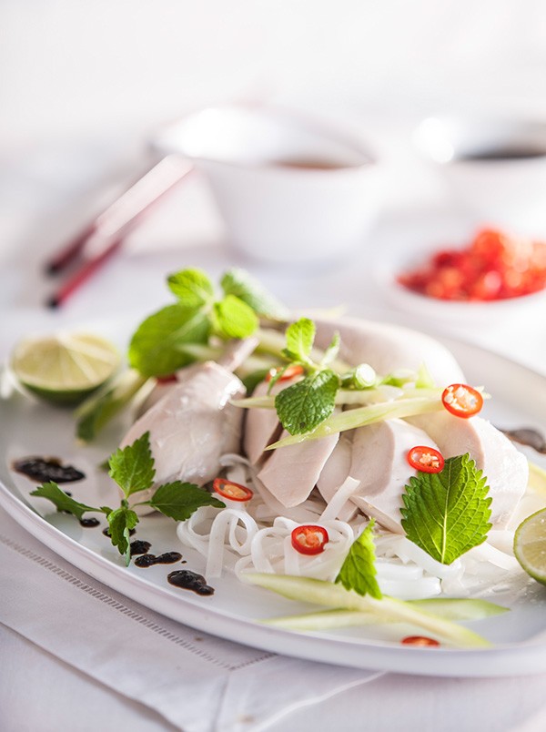 Hainanese chicken noodles with black sesame sauce