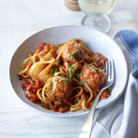 Hake balls with linguine in fennel and tomato sauce